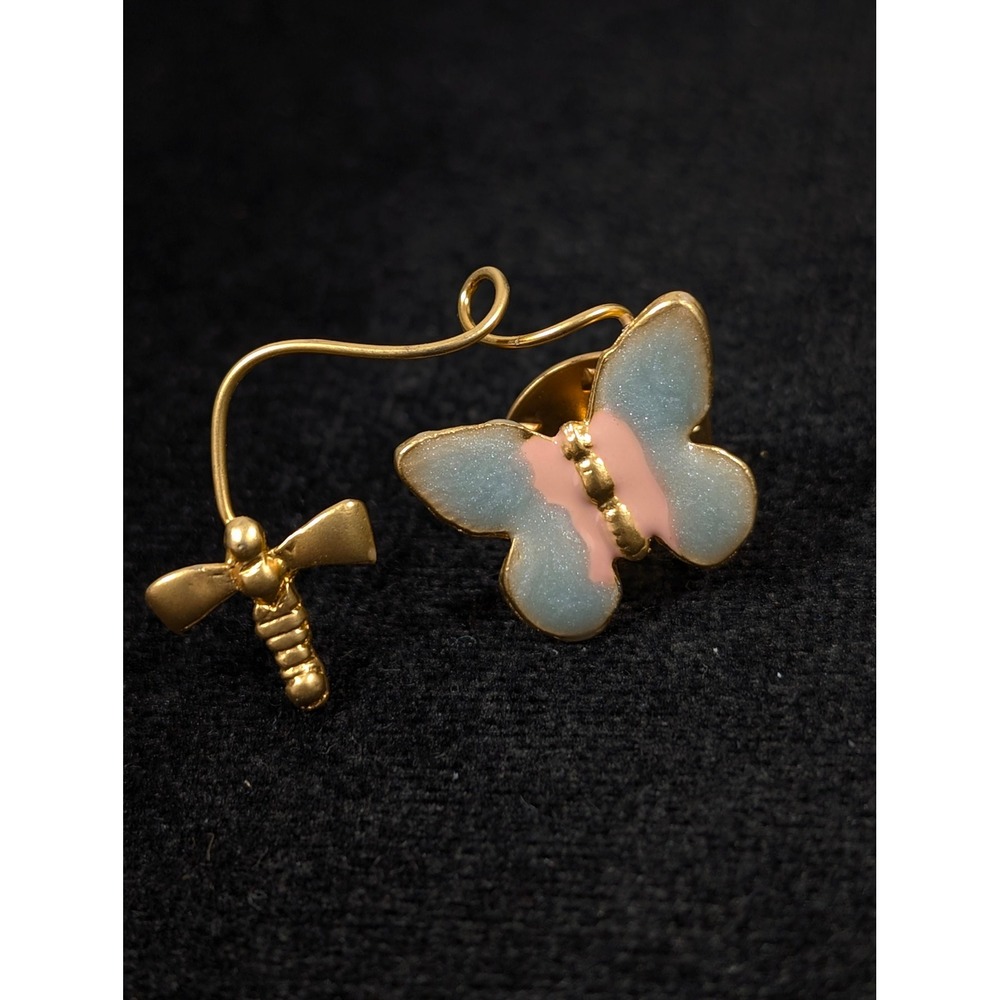 Butterfly Dragonfly Brooch Gold Tone Blue Pink Enamel Nature Tack Pin